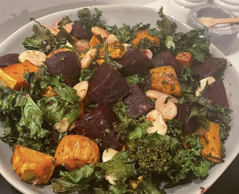 Roasted sweet potato, beetroot and kale salad