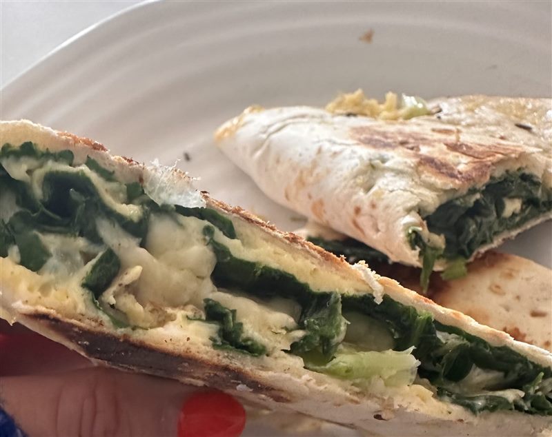 Cheesy egg, spinach and spring onion wrap